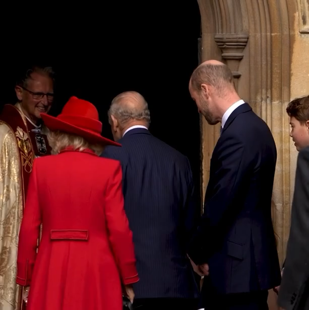 King Charles had a sweet moment with Prince Louis on Easter Sunday, giving his seven-year-old grandson an affectionate pat on the cheek as he and Queen Camilla entered St. George’s chapel 🥹 #kingcharles #princelouis #royalfamily 📽️: Getty