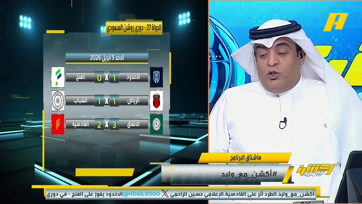 #وليد_الفراج: بالنسبة لمشجعين الاتفاق فإن الفوز على القادسية هو الشيء الواقعي.. ديربي الشرقية كان كئيباً لكن اليوم 🔥.. مبروك للمشجعين الاتفاقيين وخاصة القدامى .. الاتفاق ينهي أمل القادسية بالدوري #الاتفاق_القادسية مجاناً على MBC شاهد برنامج أكشن مع وليد يومياً الساعة 11:30 مساءً بتوقيت السعودية على MBCAction لمتابعة البث المباشر