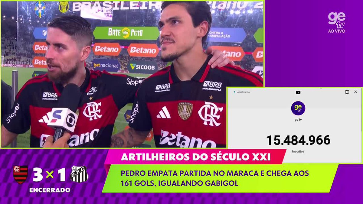 “Falar do Pedro? Não tem muito o que falar, eu só falo com ele quando estou microfonado (risos).” “Ele merece tudo. Um cara muito do bem, é um prazer estar no entorno dele. Garoto de ouro. Torço muito por ele.” 🎙️ Jorginho. 🎥 Reprodução/GE TV | ge