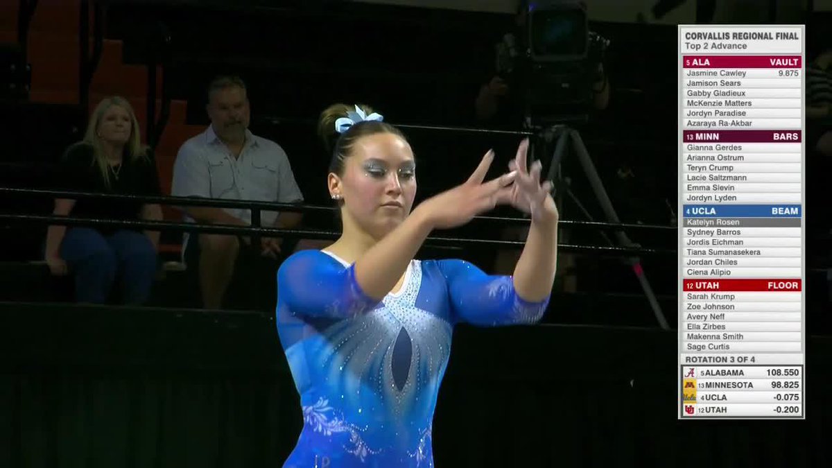 Katelyn Rosen hit the basketball celly in honor of UCLA Women's Basketball after her 9.900 on beam! 🏀 📺: ESPN+ #GoBruins