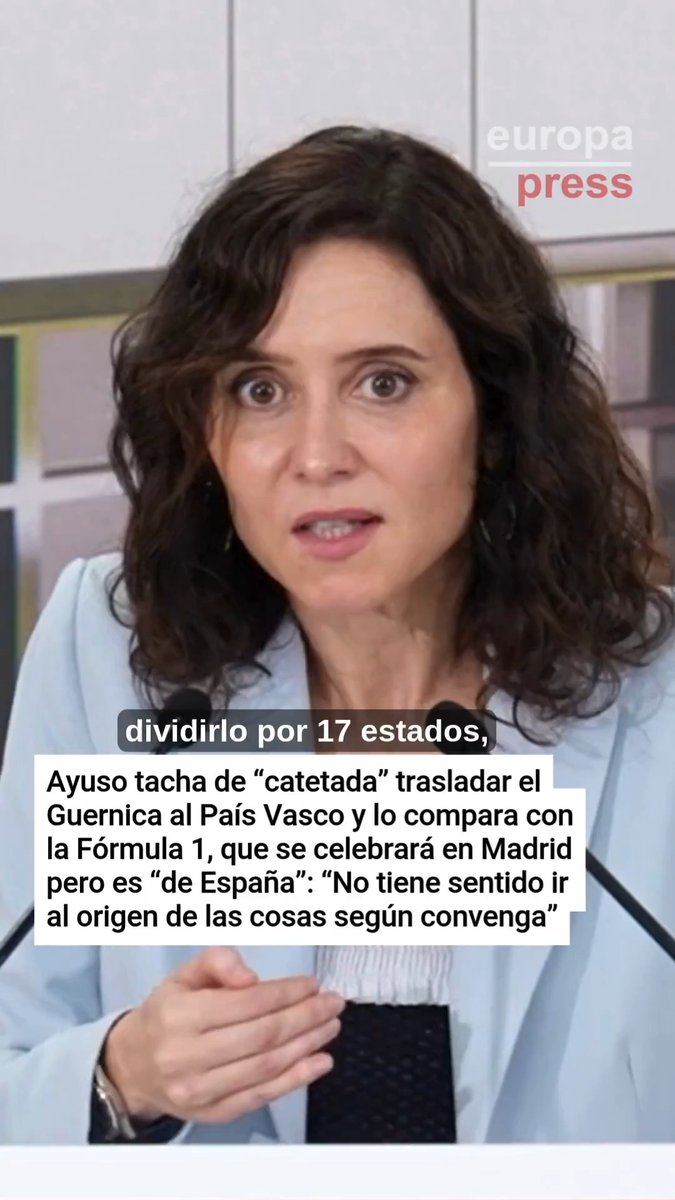 Ayuso tacha de “catetada” trasladar el Guernica a Euskadi y lo compara con la Fórmula 1, que se celebrará en Madrid pero es “de España”: “No tiene sentido ir al origen de las cosas según convenga. ¿Entonces llevamos todo lo de Picasso a Málaga? Es cateto”