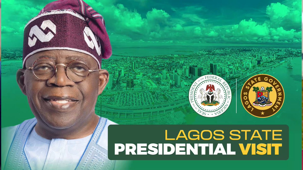 Good afternoon Lagos. Please join the Lagos State Governor, Mr. Babajide Sanwo-Olu to welcome President Bola Ahmed Tinubu to a two-day working visit to our dear State. While here, the President will commission some of our iconic, transformative and legacy projects such as: -Ojota-Opebi link bridge - The Lagos State Geographic Information Service, Alausa. - The Lagos Multi-agency building, Alausa - The Tolu Schools Complex, Ajegunle - ⁠Maracana stadium (19 mini-football pitches) - ⁠Lagos Food logistics hub, Abijo. Igbega Ipinle Eko, Ajumose gbogbo wa ni... Bola Ahmed Tinubu Babajide Sanwo-Olu