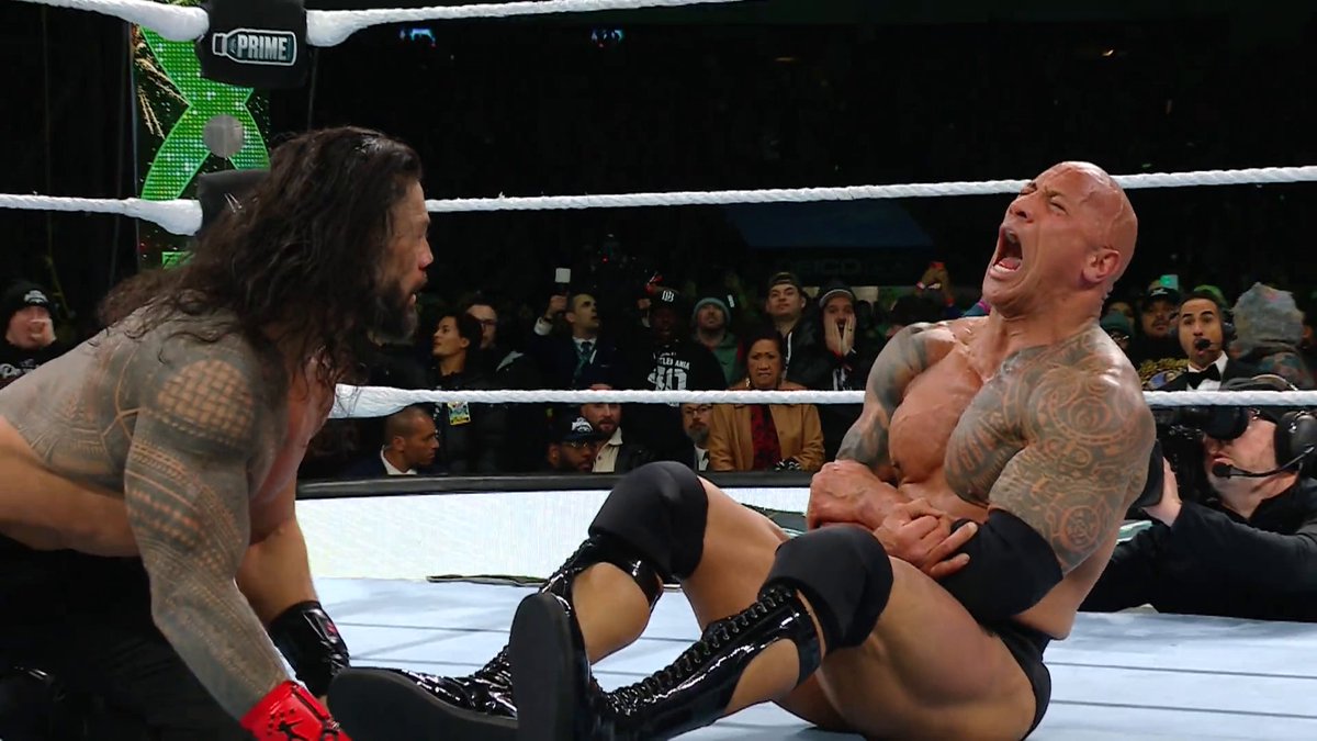 When Roman Reigns speared The Rock at WrestleMania 😳 His reaction 😆 #WrestleMania