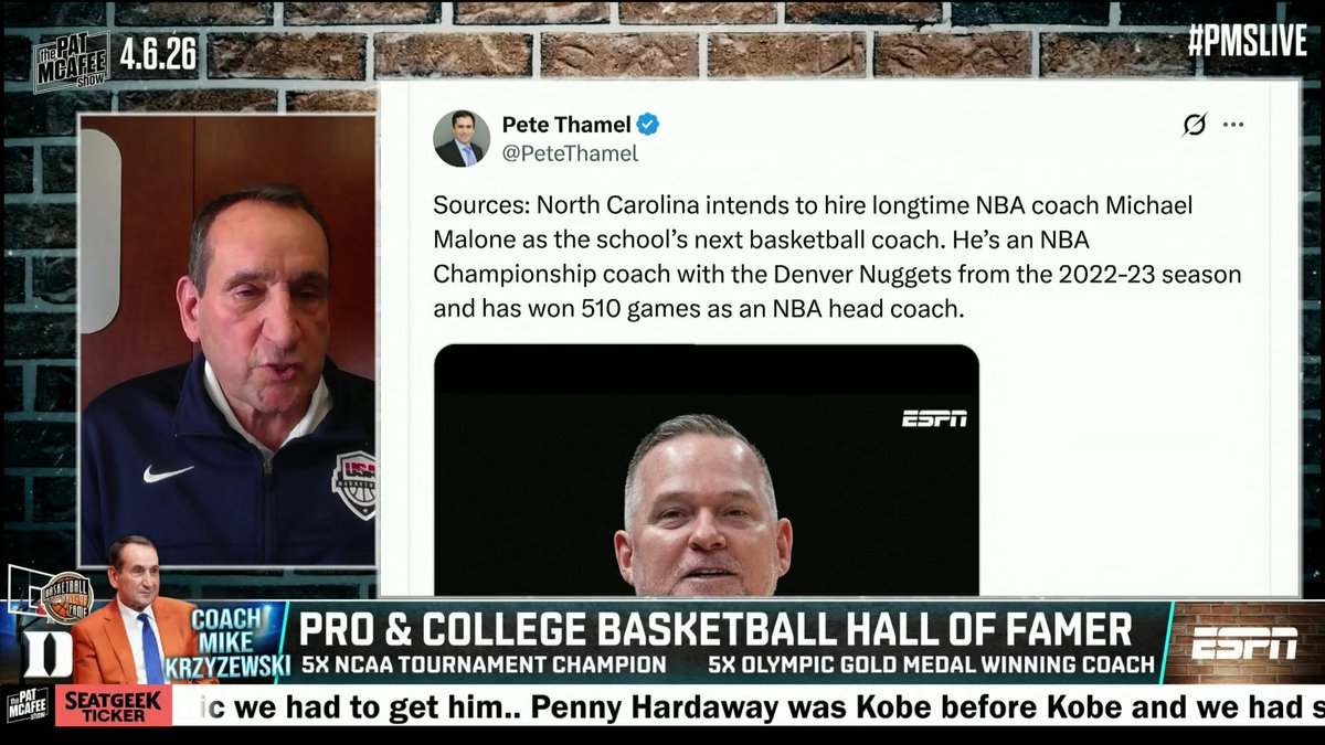 "They had an NFL champion hired as the coach and Duke beat Carolina in football this year." 🤣 Coach K reacted to Pete Thamel's report of UNC hiring Mike Malone on the Pat McAfee 🏀