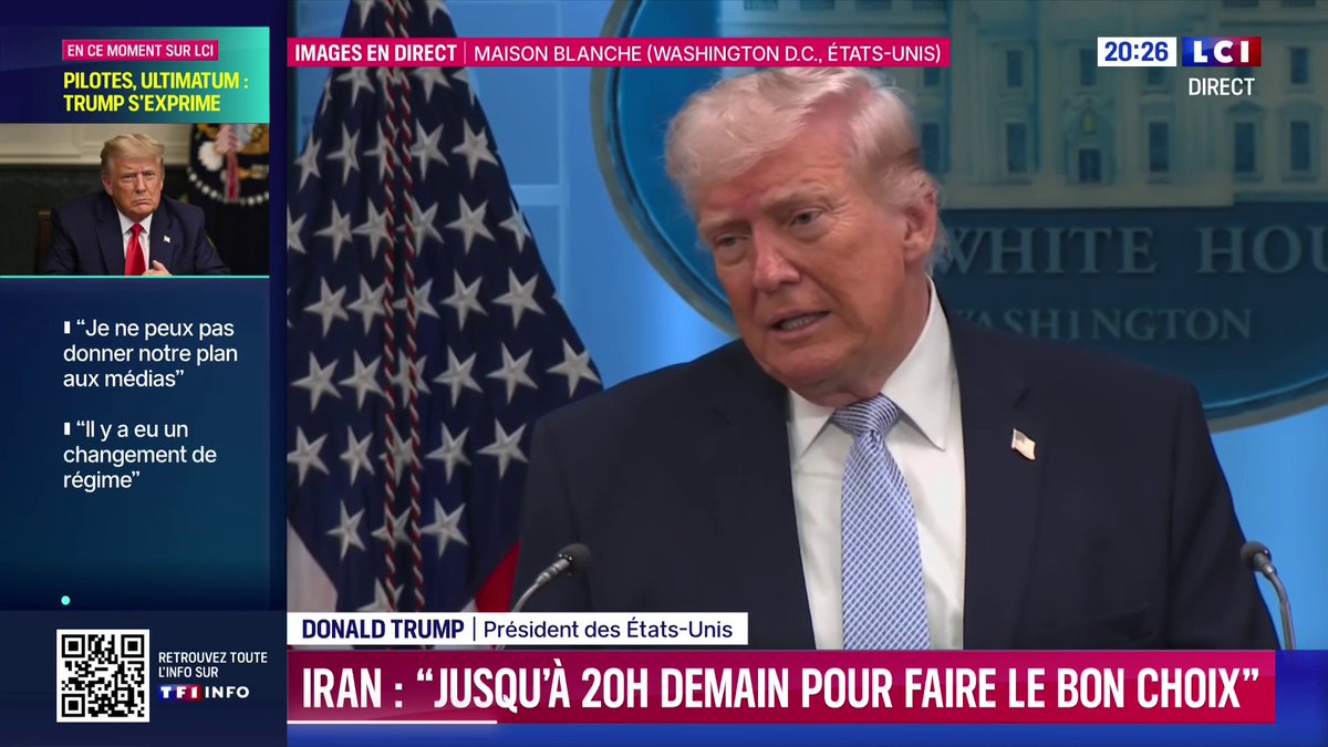 🔴 Iran: Donald Trump s'exprime 🗣️ "Chaque pont en Iran sera détruit à minuit demain soir et chaque centrale électrique en Iran explosera, brûlera et ne pourra plus être utilisée, elles seront totalement démolies à minuit."