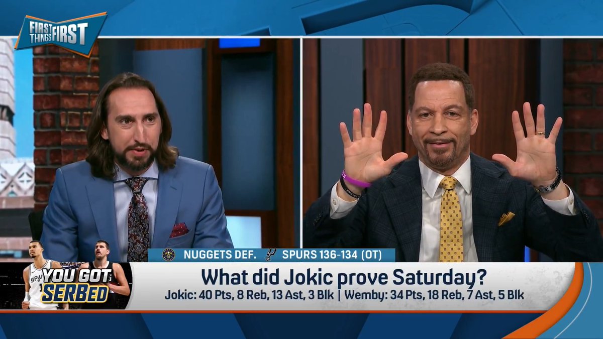 .Chris Broussard is ten toes down on Wemby being the best player in the world: “Wemby wants to guard the best player. Wemby is equipped to guard the best player. Jokic might want to, he ain’t even equipped!...He guarded Jokic the whole game.”