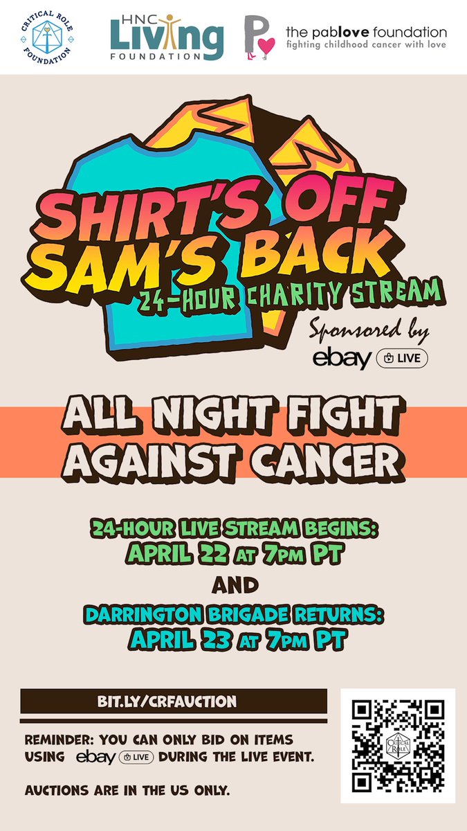 🎵 SAM'S SHIRTS - WOO-OO! 👕 You heard that right, Danny Pudi, Ben Schwartz, Bobby Moynihan, & Kate Micucci (AKA Huey, Dewey, Louie, & Webby) are joining Sam Riegel on stream at 4:30pm PT this April 23rd for a live #DuckTales reunion! Join us and snag a classic Sam shirt of your own starting April 22nd at 7pm PT as we raise funds for The Pablove Foundation and HNC Living Foundation! WATCH ON eBay LIVE #sponsored by eBay Live