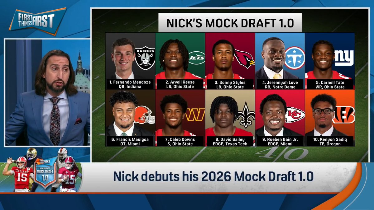 “[Jeremiyah Love's] gonna go to Tennessee. Now, is it smart to draft a running back that high before your offensive line has been fully built? Maybe ask the Raiders that last year.” nick wright reveals the top 10 picks in his Mock Draft 1.0: