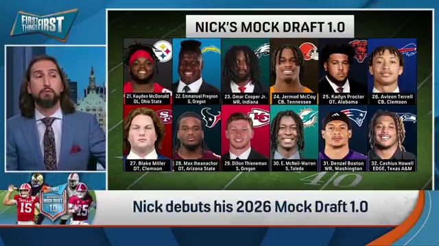 “The Chiefs go with secondary help after losing Jaylen Watson, Trent McDuffie, and Bryan Cook this offseason with Thieneman out of Oregon.” nick wright reveals picks 21-32 of his Mock Draft 1.0: