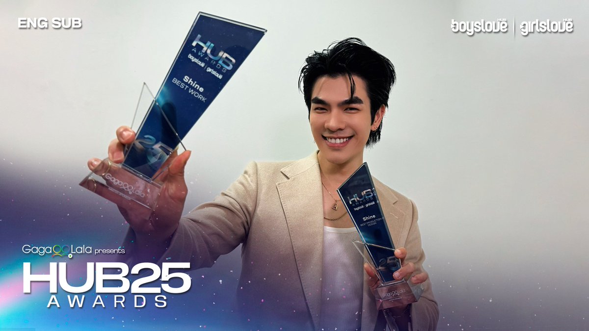 🏆 • Mile Phakphum, em nome do elenco de #ShineTheSeries, agradece pelos prêmios de “Melhor Obra” e “Melhor Design de Produção” no #HUBAwards2025! #MileApo #MilePhakphum Nnattawin mile phakphum BeOnCloud