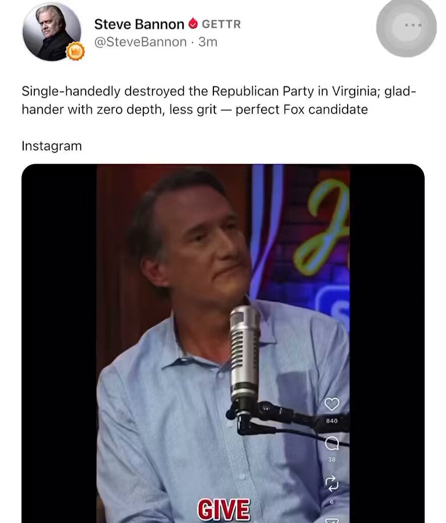 Single-handedly destroyed the Republican Party in Virginia; glad-hander with zero depth, less grit — perfect Fox candidate Glenn Youngkin