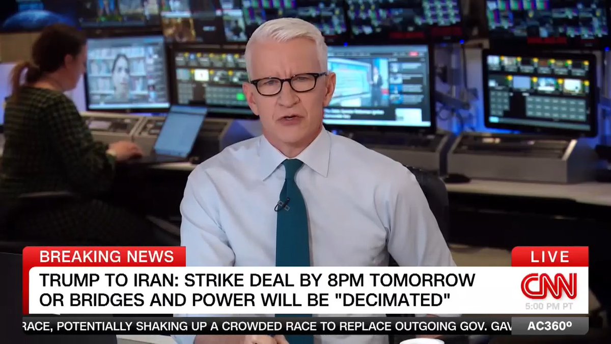 President Trump tells Iran to strike deal by 8pm ET tomorrow or bridges and power will be "decimated".