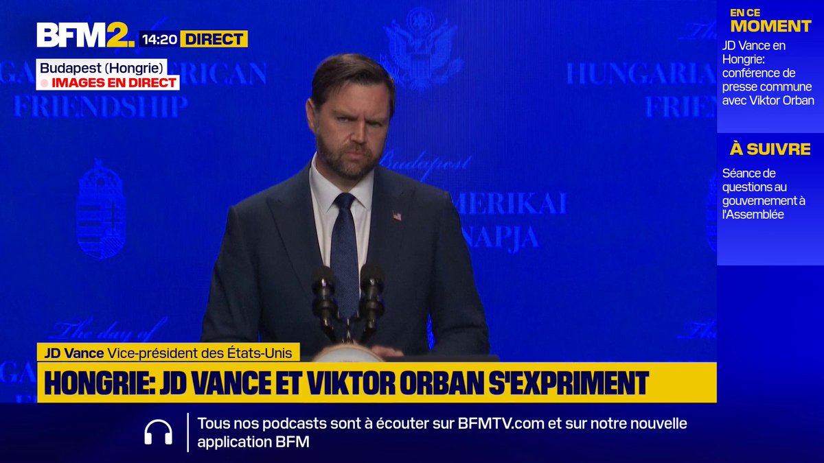 "C'est drôle quand j'entends des gens accuser mon président d'être pro-Russie. Mon président [Donald Trump] a fait plus pour aider l'Europe avec l'énergie et le gaz naturel liquéfié que quiconque dans le monde", assure le vice-président américain JD Vance en Hongrie #BFM2