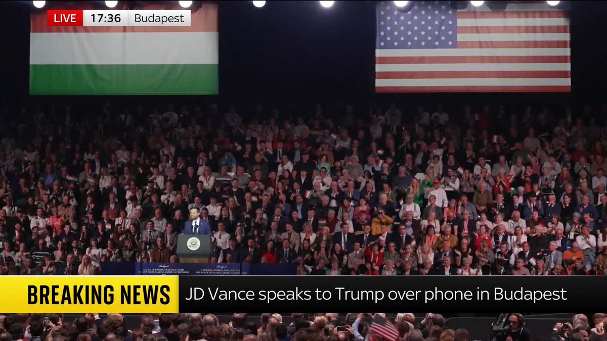 JD Vance puts Donald Trump on speaker phone during a speech in Budapest. Trump told a crowd of Viktor Orban supporters that the U.S. is with Hungary's prime minister "all the way" as he seeks re-election. ๐บ Sky 501