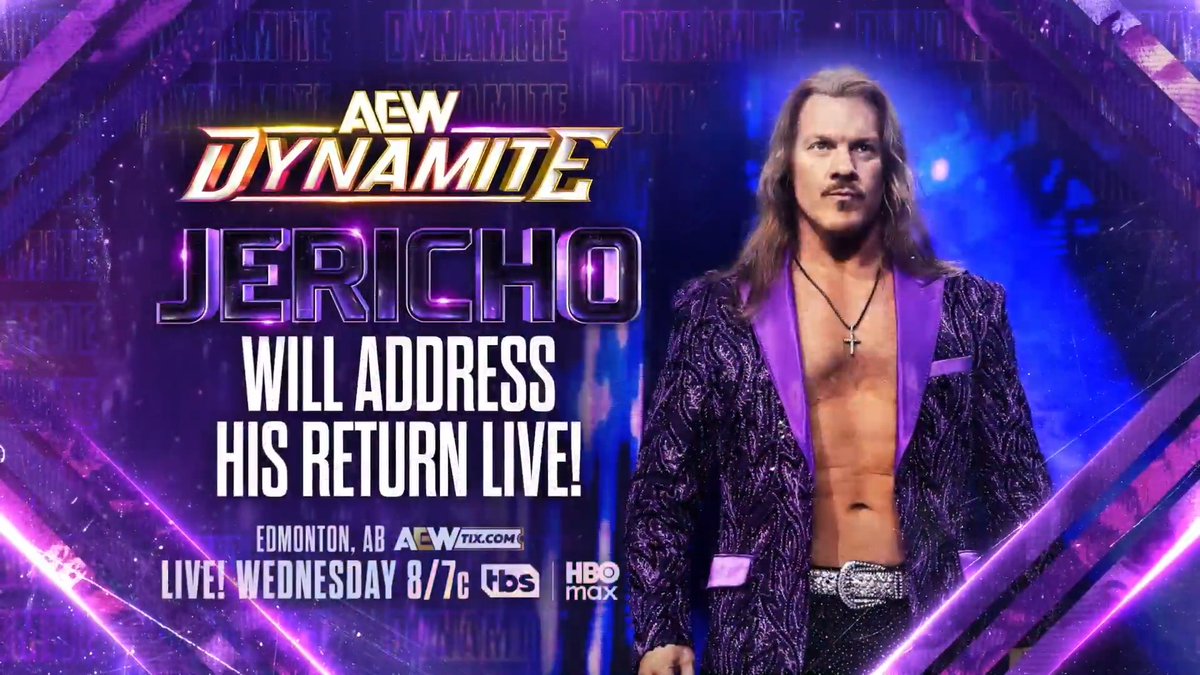Wednesday Night #AEWDynamite LIVE, 8/7c on TBS + HBO Max Tomorrow, 4/8! Chris Jericho Will Address His Return LIVE The former AEW World Champion made a shocking return to AEW in Winnipeg on Dynamite. We'll hear more from Chris Jericho LIVE in Edmonton, TOMORROW!