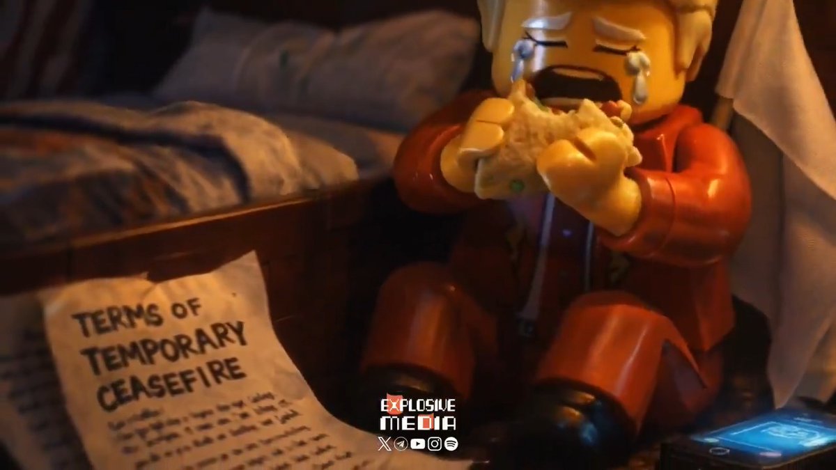 This new AI LEGO movie is such as masterpiece that as if Trump watched it and accepted the ceasefire literally😭😂🤣 The scenario begins in 2026 deep inside the Pentagon. Donald Trump, laughing arrogantly alongside sweating, panicked generals and colluding Gulf monarchs, recklessly orders a massive strike on Iranian civilian infrastructure. American jets take off and bomb steel plants, bridges, and power stations across Iran. But the arrogant celebration in Washington is short-lived. Iranian commanders calmly step up to their command center and press a single red button labeled "Back to the Stone Age." What follows is absolute strategic dominance. Iran unleashes a staggering swarm of advanced ballistic missiles and drones that re-enter the atmosphere like a terrifying meteor shower, completely overwhelming Israeli and US air defenses. The retaliation is surgical and devastating. Israel's Orot Rabin power station and Ben Gurion Airport in Tel Aviv are instantly obliterated. The destruction cascades across the complicit Gulf states that hosted US forces: Dubai's massive ports and Oracle tech hubs, Abu Dhabi's refineries, Qatar's industrial cities, and Saudi Arabia's massive Ras Tanura oil facilities are systematically wiped off the map. While Trump tosses and turns in a terrified cold sweat in his bed, the global economy completely collapses. The destruction of energy grids, satellite communications, and oil reserves plunges the Gulf into total darkness. The fallout hits the West instantly. Europe freezes in the dark during a brutal winter. The American public is forced into desperate breadlines, gas stations run completely dry, and US citizens are literally reduced to riding horses through the streets as the energy crisis paralyzes the nation. Meanwhile, the animation highlights Iran's incredible engineering resilience. While Dubai and Riyadh are reduced to post-apocalyptic wastelands where camels race on abandoned Formula 1 tracks and sheep graze in empty multi-billion dollar stadiums, Iranian technicians brilliantly repair their national grid. Within moments, the map of Iran glows brilliantly with electricity, standing strong, fully powered, and completely self-reliant amidst a darkened Middle East. The geopolitical tectonic plates shift permanently. A massive Islamic-Arab awakening erupts across the region. Heavily fortified US military bases are surrounded by furious crowds, forcing terrified American soldiers to raise the white flag of surrender. The corrupt Gulf monarchs who colluded with Washington are overthrown, stripped of their wealth, and thrown out by their own people holding massive signs demanding the fall of the Zionist regime and the American empire. The ultimate humiliation for Washington comes at the very end. Trump wakes up crying from his nightmare, only to look at his phone and see the terrifying reality: Washington has officially accepted Iran's ten ceasefire conditions. The video ends with a utterly defeated Trump sitting on the floor in his pajamas, sobbing uncontrollably while eating a taco, sitting right next to a white flag of surrender.