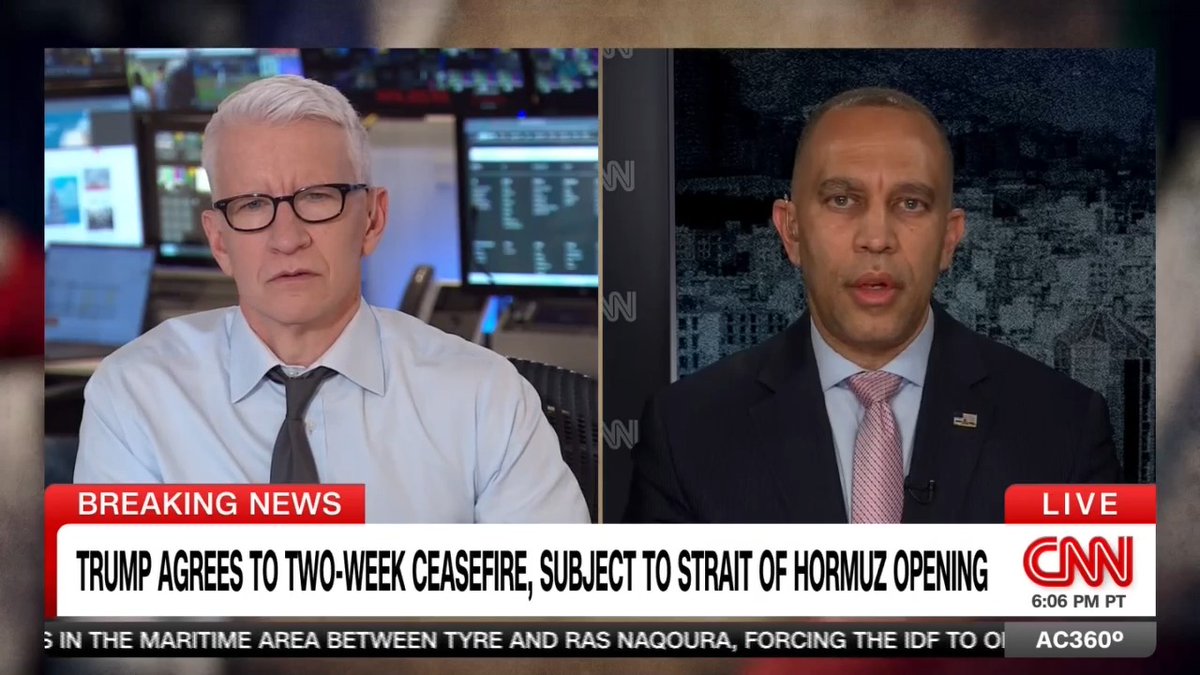 "A two-week ceasefire isn't sufficient. We need a permanent end to Donald Trump's reckless war of choice," says Democratic House Leader Hakeem Jeffries.