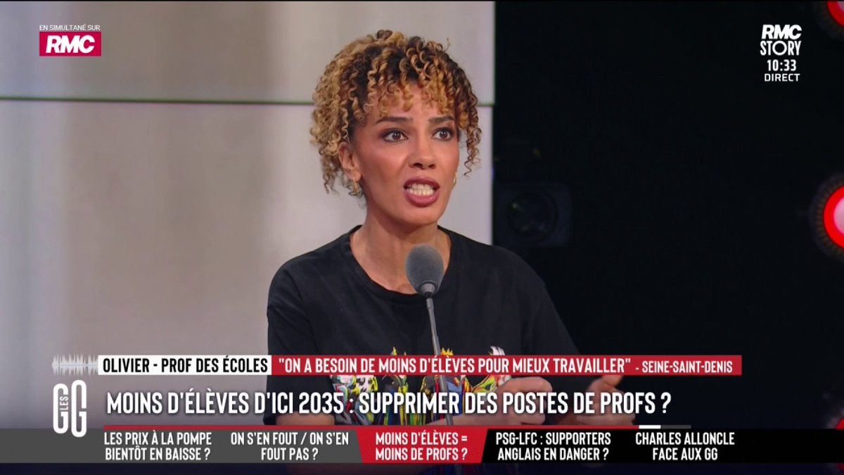 🧑🏫 Moins d'élèves d’ici 2035 : supprimer des postes de profs ? 🗣️ Fatima Aït Bounoua : "Je suis une plus mauvaise prof que l'année dernière. L'année dernière j'avais 1 établissement, cette année j'en ai 2. Je n'ai plus le temps de parler avec mes élèves à midi." #GGRMC