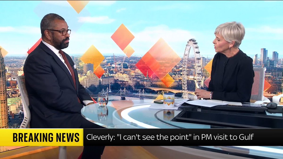 Shadow housing secretary James Cleverly🇬🇧 tells Sky News that Prime Minister Sir Keir Starmer keeps "moving, changing his position, keeps U-turning" on the Iran war. Latest:
