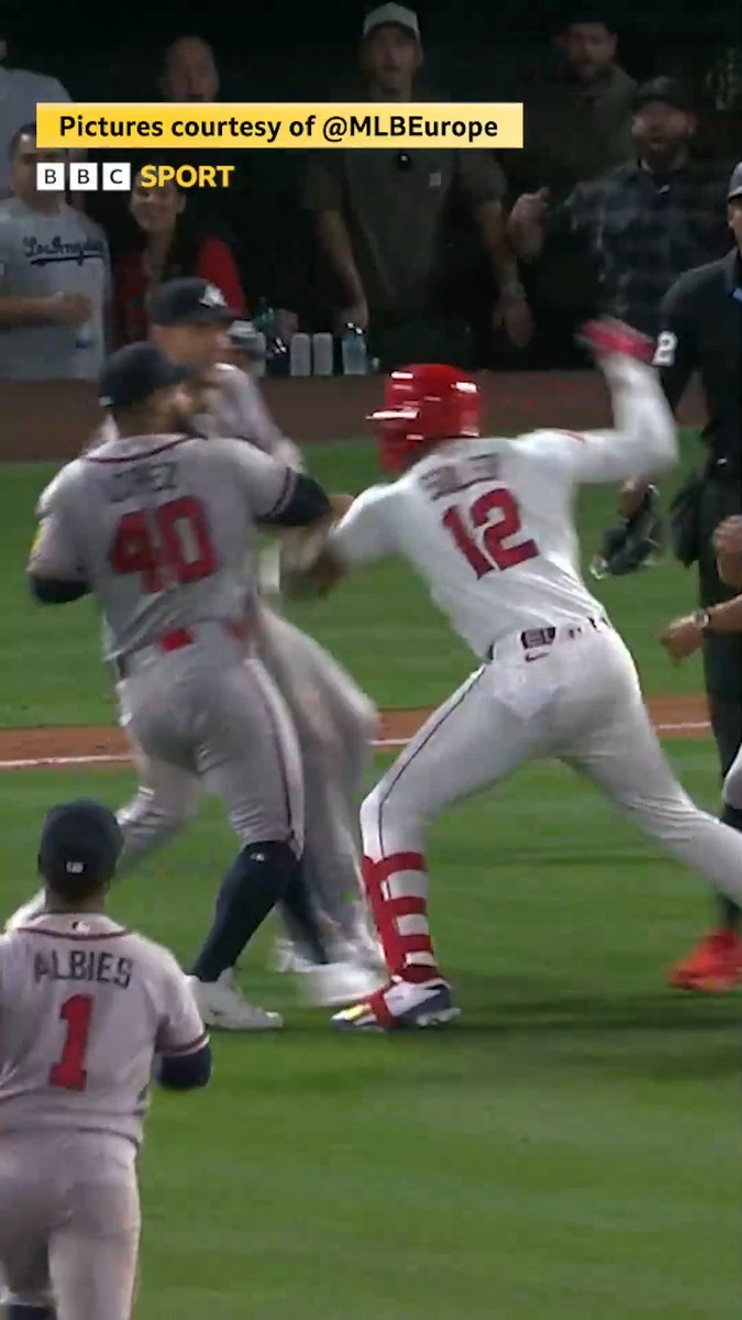 Brawl at the baseball! 🫨🥊 Punches were thrown as Jorge Soler and Reynaldo Lopez clashed during Los Angeles Angels vs Atlanta Braves on Tuesday 😱