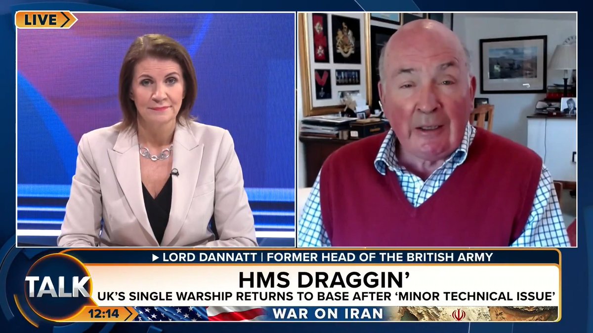 🚨"How many more wake-up calls do we require? Successive governments, of both major parties, have hollowed out our armed forces." Former Head of the British Army Lord Dannatt reacts to HMS Dragon returning to port after technical issues. Julia Hartley-Brewer