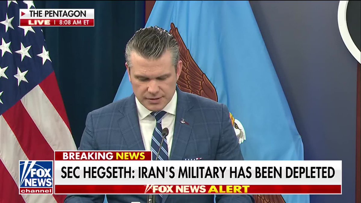 JUST NOW: Secretary Pete Hegseth runs through the list of Iranian regime leaders eliminated by the United States in Operation Epic Fury: "The previous Iranian Supreme Leader, dead. The Supreme National Security Council Secretary, dead. The Supreme Leader Office Advisor, dead. The Supreme Leader Military Office Chief, dead. The Defense Minister, no longer with us... I skipped over a bunch, and I could go on, and on, and on."