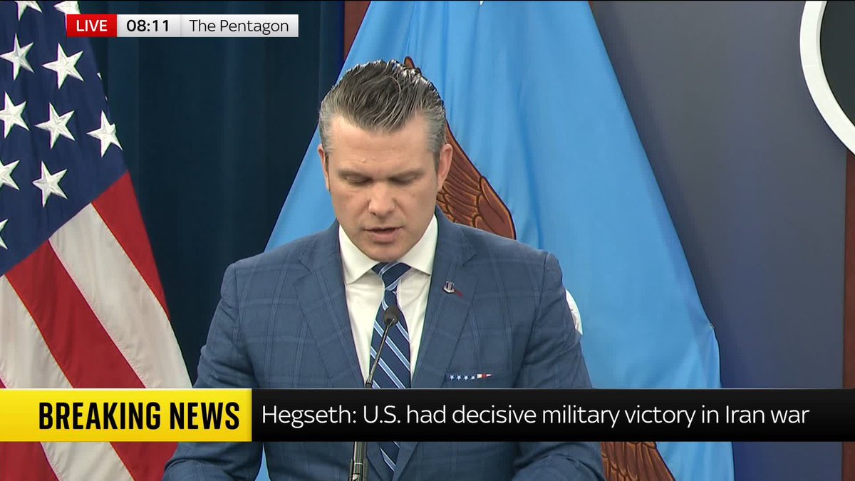 U.S. Defence Secretary Pete Hegseth says Iran's defeat is, "America's retribution for every American lost to Iranian terror" 📺 Sky 501, Virgin 602, Freeview 233 and YouTube