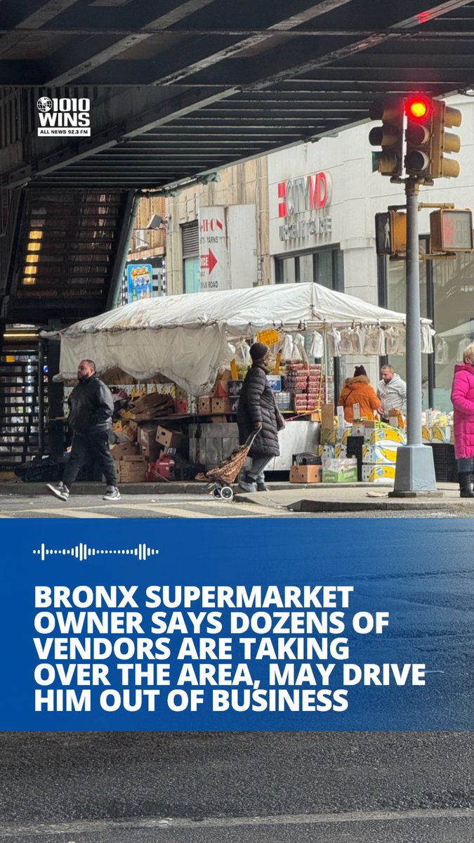 🍋 🥚 A Bronx supermarket owner says dozens of food vendors have taken over the area outside his store, putting his business on the brink of closure. Marvin Cruz, the owner of Food Fair Fresh Supermarket in Fordham, said he’s counted up to 30 vendors around Fordham Road and Jerome Avenue. “They don’t have no refrigeration, and they’re selling multiple different items,” he said. “I’ve even seen vendors selling eggs, not refrigerated. A mess of box. They’re blocking the sidewalk. They don’t pick up their garbage.” “When you’re passing by a supermarket and you see all this vending, all these tables set up on the street and tons of boxes, you don’t feel even safe to get out,” he said. He said he’s gone from 100 employees to 65 employees and that his business could shut down. Cruz said repeated calls to city for help and a crackdown are going unanswered. “We love the community. We invested in the community. We want to be part of the community. We need help,” he said. 🎤 glenn schuck reports 📸 Marvin Cruz 🔊 Tune into 1010 WINS at 92.3 FM for more local news #nyc #newyorkcity #nycnews #thebronx #nycnews #business #smallbusiness