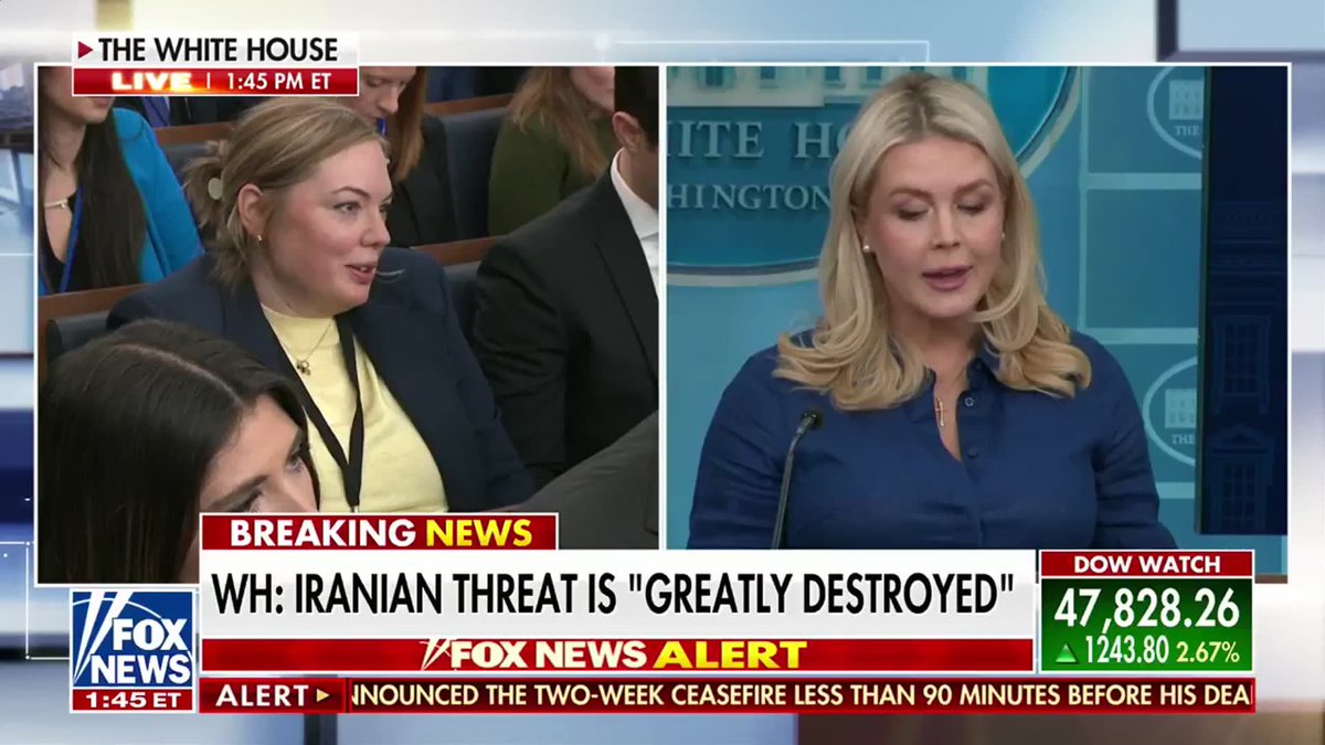 BREAKING: "It was a very, very strong threat from the president of the United States that led the Iranian regime to cave to their knees and ask for a cease fire and agree to reopening the Strait of Hormuz." "And as the Secretary of War, stated at the Pentagon this morning, it was not an empty threat by any means." - White House Press Secretary Karoline Leavitt