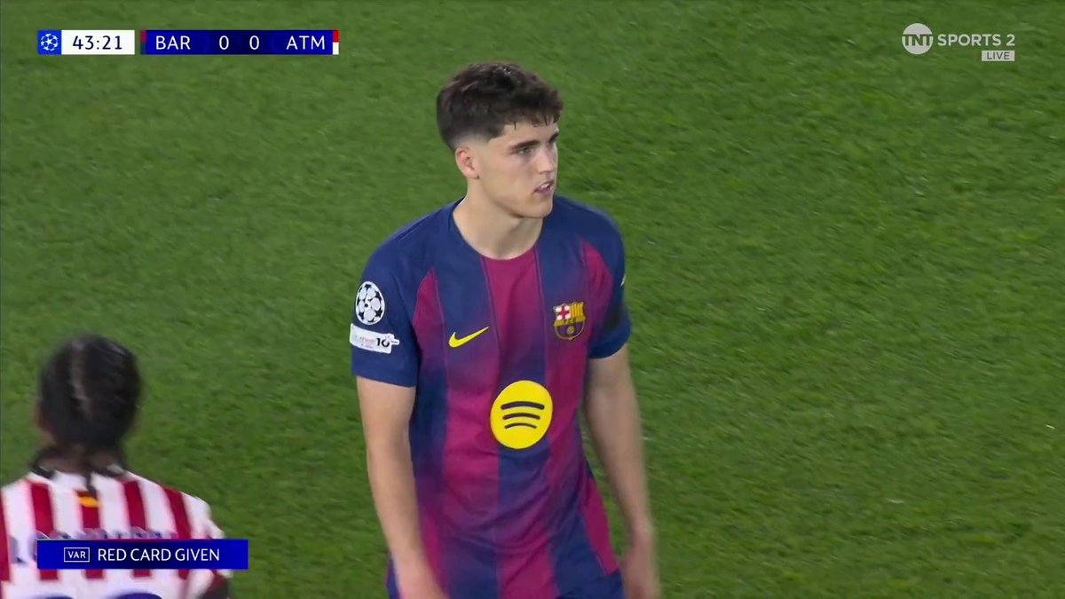 Pau Cubarsí is sent off just before half-time after a lengthy VAR review 😳 📺 Stream with TNT Sports on HBO Max