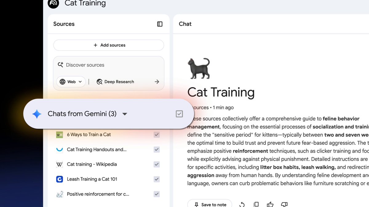 Last year, we integrated into the Google Gemini by allowing you to upload your notebooks as sources. Now, we’re taking our relationship to the next level 🏠 ♥️ Starting today, you can now: — Access all of your personal, unshared notebooks directly inside the Gemini App — Use your chats with Gemini as sources in new or existing unshared notebooks We're rolling out notebooks in Gemini today, starting with Google AI Ultra, Pro, and Plus subscribers on the web. In the coming weeks, we'll expand access to mobile, more countries across Europe, and to free users.