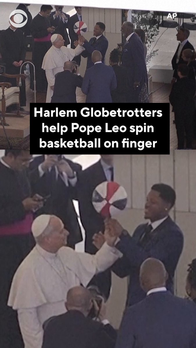 Pope Leo XIV welcomed the Harlem Globetrotters to St. Peter’s Square on Wednesday, where one of the players helped him as he spun a basketball on his finger.