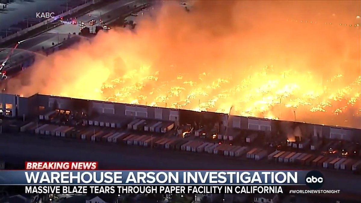 A suspect has been arrested after a massive fire destroyed a warehouse filled with paper products in Ontario, California. Police are investigating a video posted on Facebook that appears to show the moment the fire was started. Trevor Ault reports.
