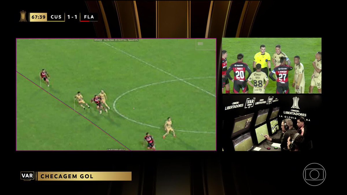 As linhas do VAR no gol anulado do Cusco contra o Flamengo. 🎥 TV Globo | ge