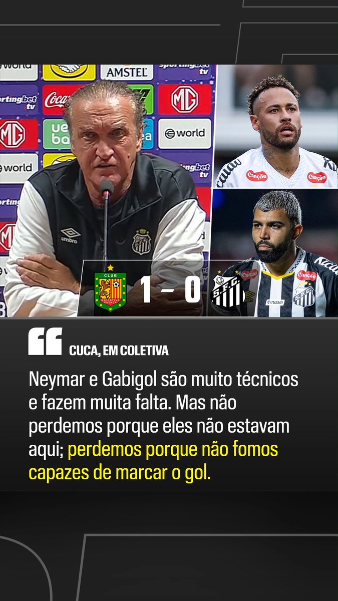 “Neymar e Gabigol são muito técnicos e fazem muita falta, mas não perdemos porque eles não estavam aqui. Perdemos porque não fomos capazes de fazer gol.” 🎙️ Cuca, após Deportivo Cuenca 1x0 Santos. 🎥 ESPN Brasil | SportsCenter Brasil