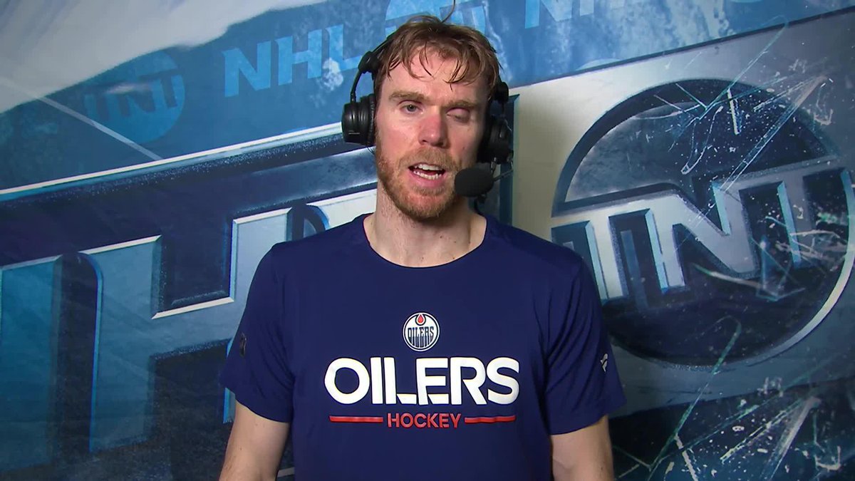McDavid on going up against his former Olympic teammate Macklin Celebrini tonight 👀 "Definitely prefer him on my left side than going against him" 😂