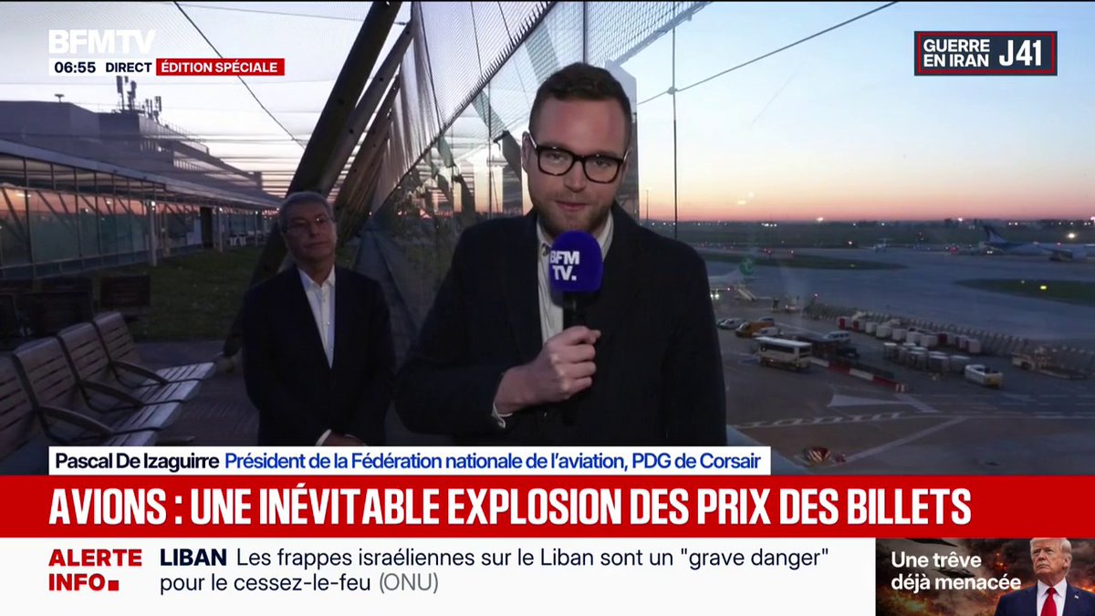 🗨️ "Le kérosène représentait 25% des coûts d'une compagnie aérienne et maintenant il oscille entre 40 et 45%" À cause de la guerre au Moyen-Orient et de la hausse des coûts du carburant, les prix des billets d'avion vont très fortement augmenter