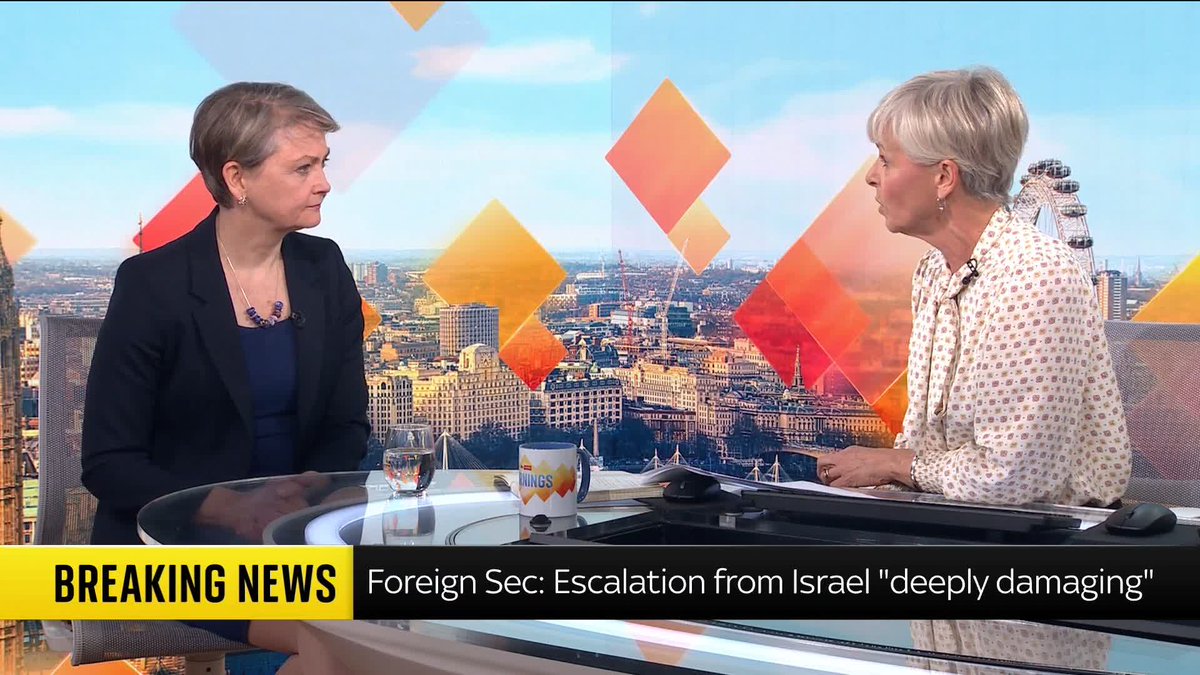 Foreign sec Yvette Cooper tells Sky News she is "deeply troubled" by the Israeli attacks on Lebanon and wants the ceasefire to be extended to the country. She adds that "it is crucial that Iran is not allowed to introduce tolls on the Strait of Hormuz."