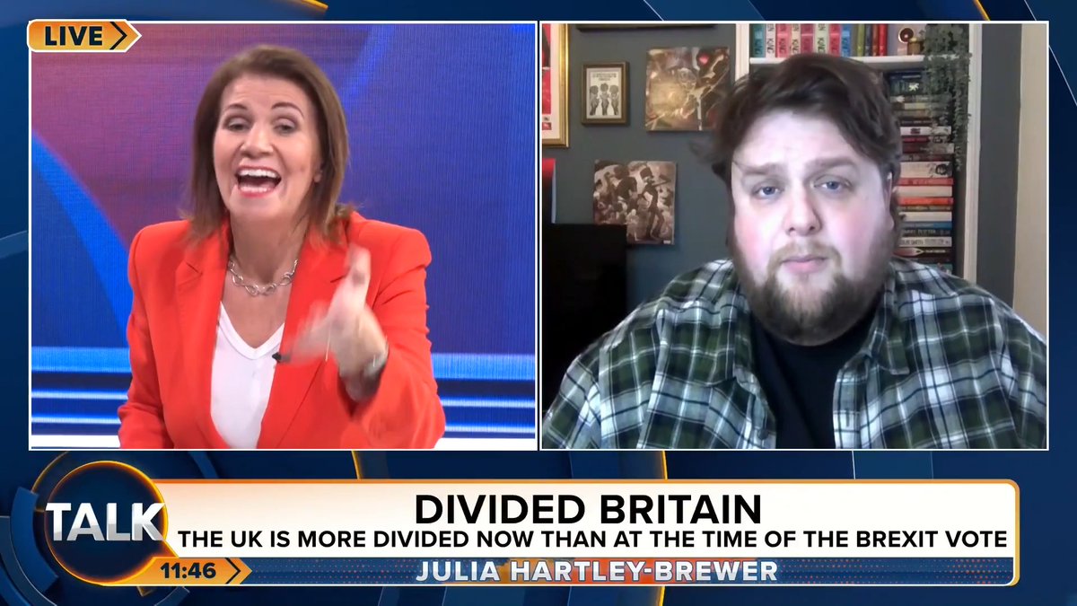 JHB: "Stating facts isn't divisive. Women don't have penises! You and I don't get to decide what is a fact." James Matthewson: "It is. You know you're contributing by using explosive language." Julia Hartley-Brewer