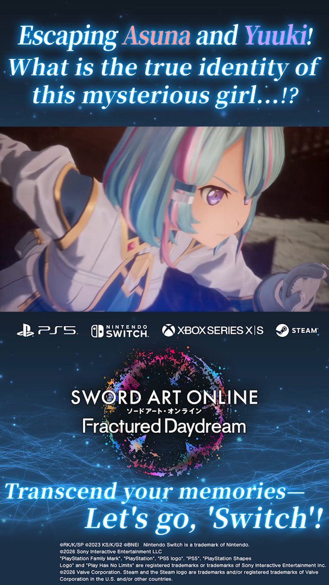 ◥◣#SAOFD #PSPlus Free Play is now available! 🎮◢◤ Asuna and Yuuki face off against a mysterious girl who deflects their fierce attacks... What is her true identity? ⚔️ Dive into an original story unique to "SWORD ART ONLINE Fractured Daydream"✨