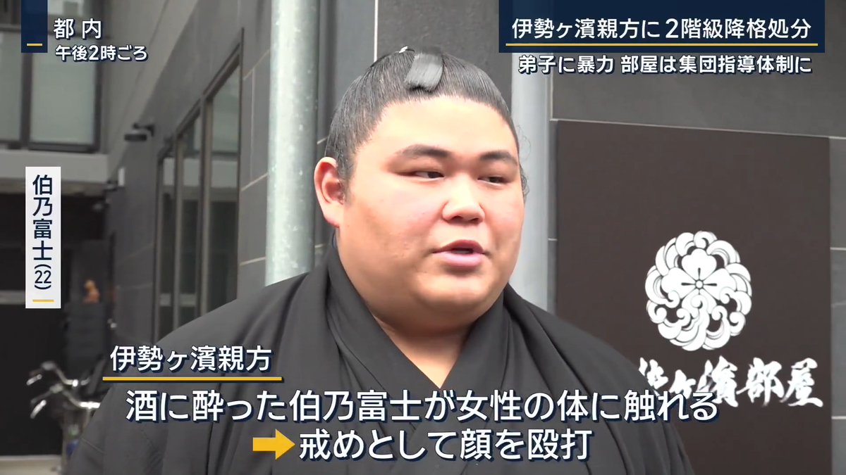 【伊勢ヶ濱親方 2階級降格処分】弟子に暴力で | ▼優勝10回の輝かしい成績も… 伊勢ヶ濱親方(元横綱・照ノ富士) 2025年1月に引退し、今年の春場所時点では関取7人を含め31人の力士が所属する角界最大の勢力を率いる ▼2階級降格処分に 現在の『委員待遇年寄』から最下位の『年寄』へ →2階級の降格、減給の懲戒処分 今年2月、東京都内の飲食店で、酒に酔った弟子の幕内の伯乃富士が後援者の知人女性の体に触れる →戒めとして顔を手で殴打 伊勢ヶ濱親方 「こういう行動になってしまった自分の考えを直して、今後真摯に頑張っていきたいと思います」 日本相撲協会は、暴力を受けた伯乃富士についても「著しく品位を欠く行為があった」と判断 →八角理事長からの厳重注意 伊勢ヶ濱部屋は当面、協会や一門の監督下に置かれ、部屋付きの4人の親方と伊勢ヶ濱親方との集団指導体制に