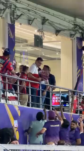 LSG Owner Sanjiv Goenka in the stands at Eden Gardens. Engaging with KKR fans.