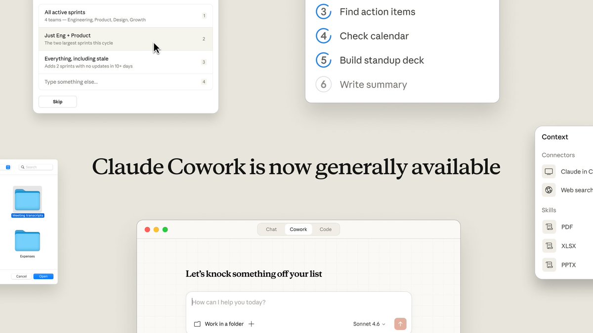 Claude Cowork is now generally available to all paid plans. For Enterprise, we are adding role-based access controls, group spend limits, usage analytics, and expanded OpenTelemetry to give admins what they need to deploy it across the org.