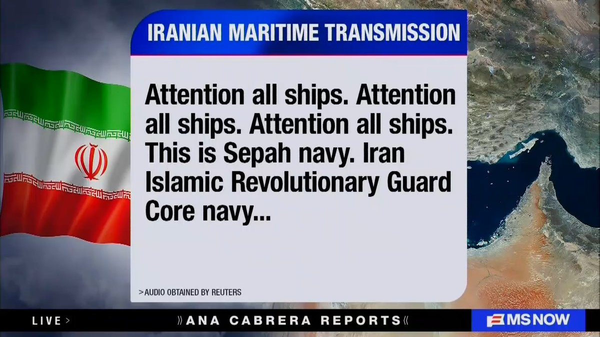 Iran broadcasts new message prohibiting all ships from passing through the Strait of Hormuz: "Attention all ships... From now on, all navigating through the Strait of Hormuz is forbidden. No ship in every side is not allowed to pass from the Strait of Hormuz until next notice."