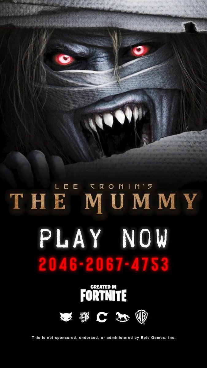 Bring your friends, hope they survive. Play the #LeeCroninsTheMummy experience in @fortnite now: 2046-2067-4753. From the studio that brought you The Conjuring, comes Lee Cronin’s The Mummy, in theaters April 17. GET TICKETS NOW!