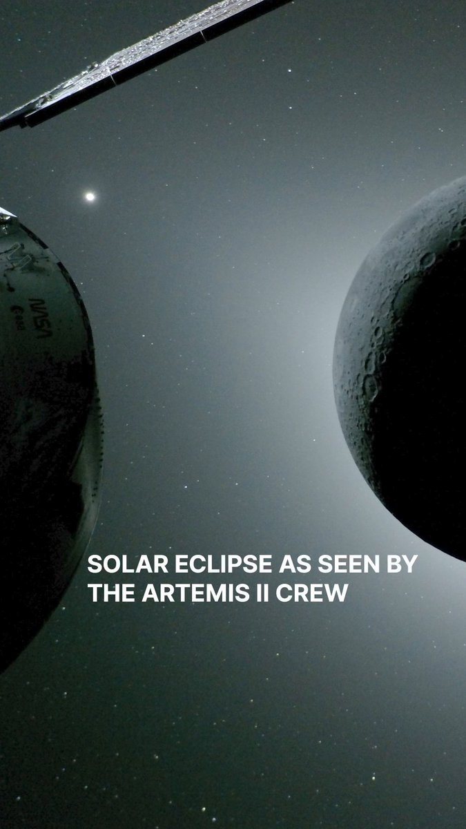The Artemis II crew had the rare chance to see a solar eclipse from space. 🚀🌘☀️ This video stitches together views from Orion's solar array wing cameras throughout the eclipse, showing the Sun as it disappears behind the Moon, revealing a glowing halo around the lunar disk.