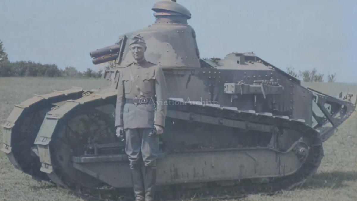 An interesting look from July 15th, 1918 in Langres, France of dummy tanks and Lt. Col. George S. Patton, Jr posing with his Renault FT French light tank—two versions, one with 37mm Puteaux guns mounted and others with a Hotchkiss 8mm machine gun.🫡