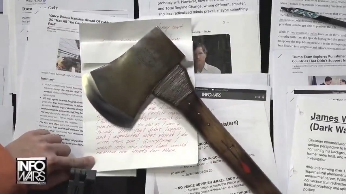 INSANE: As Alex Jones and his guest were praying for Trump and reading a Bible verse about being a “battle ax for the Lord,” a handcrafted battle ax was delivered along with a note saying it was a message from God. Only for Trump to attack Alex that day.