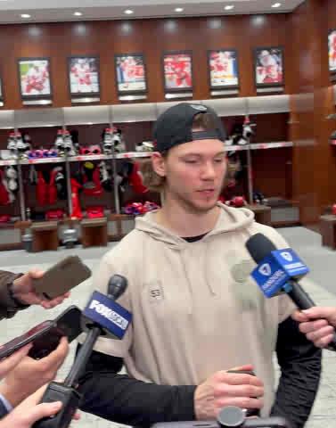 Moritz Seider: "That’s only 1 of 4. And that should be the message into our locker room right now: We need 6 more points and then we’ll see where we land." On Larkin: "He’s our leader. We believe in him. We don’t really care what you guys say about us outside this locker room."