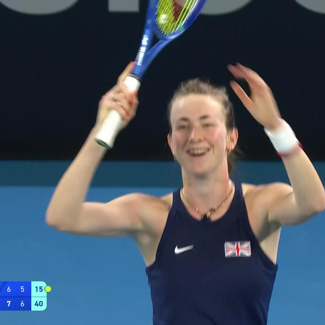 Dream debut 🌟 Mika Stojsavljevic defeats Gibson 7-6(4) 7-5 to give Team Great Britain a 1-0 lead. #BJKCup